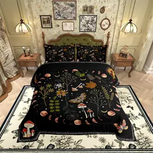 Gothic Nature Comforter Set,Butterfly Moth Flower Mushroom Rustic Garden Bedding Comforter,Star Moon Sun Boho Style Soft Polyester Quilt Set