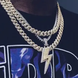 2025 New Fashion Hip Hop Men Boy Charms Jewelry Cool Rock Punk Iced Out Bling Full Cubic Zircon Tennis Chain Lightning Bolt Necklace