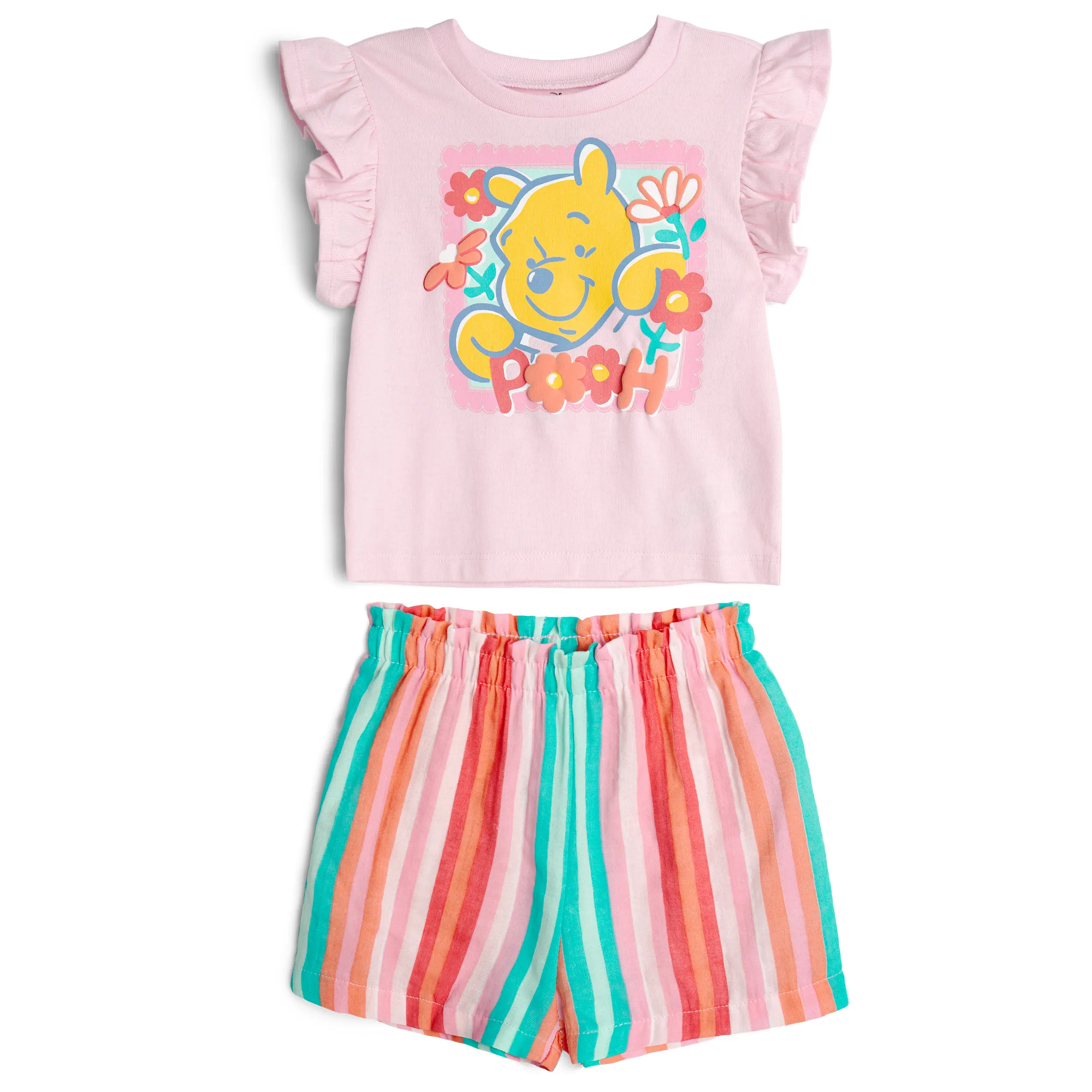 Disney Winnie the Pooh Girls' 2-Piece Outfit, Toddler to Little Kid, Round Neck Ruffle Sleeve Short-Sleeve T-Shirt & Breathable Elastic Waist Gauze Paperbag Shorts, Pink Multi, Playful Look, Elastic Waist Shorts, Breathable Fabric