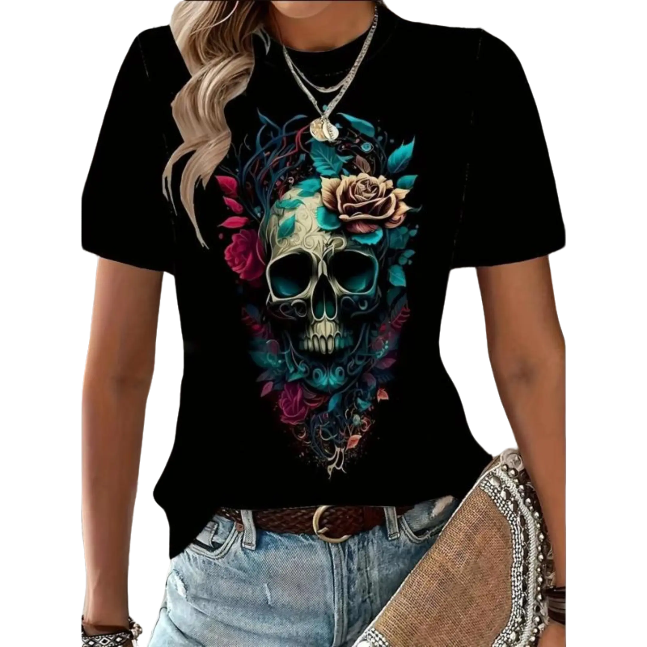 Women's Casual T-Shirt, Unisex Streetwear Style with Floral Skull Graphic, Short Sleeve Round Neck Top, Tshirt, Women's Clothes, Lady, Shortsleeve
