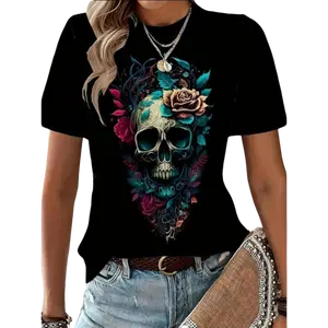 Women'S Casual Crew Neck T-Shirt With Floral Skull Print,Unisex T-shirts