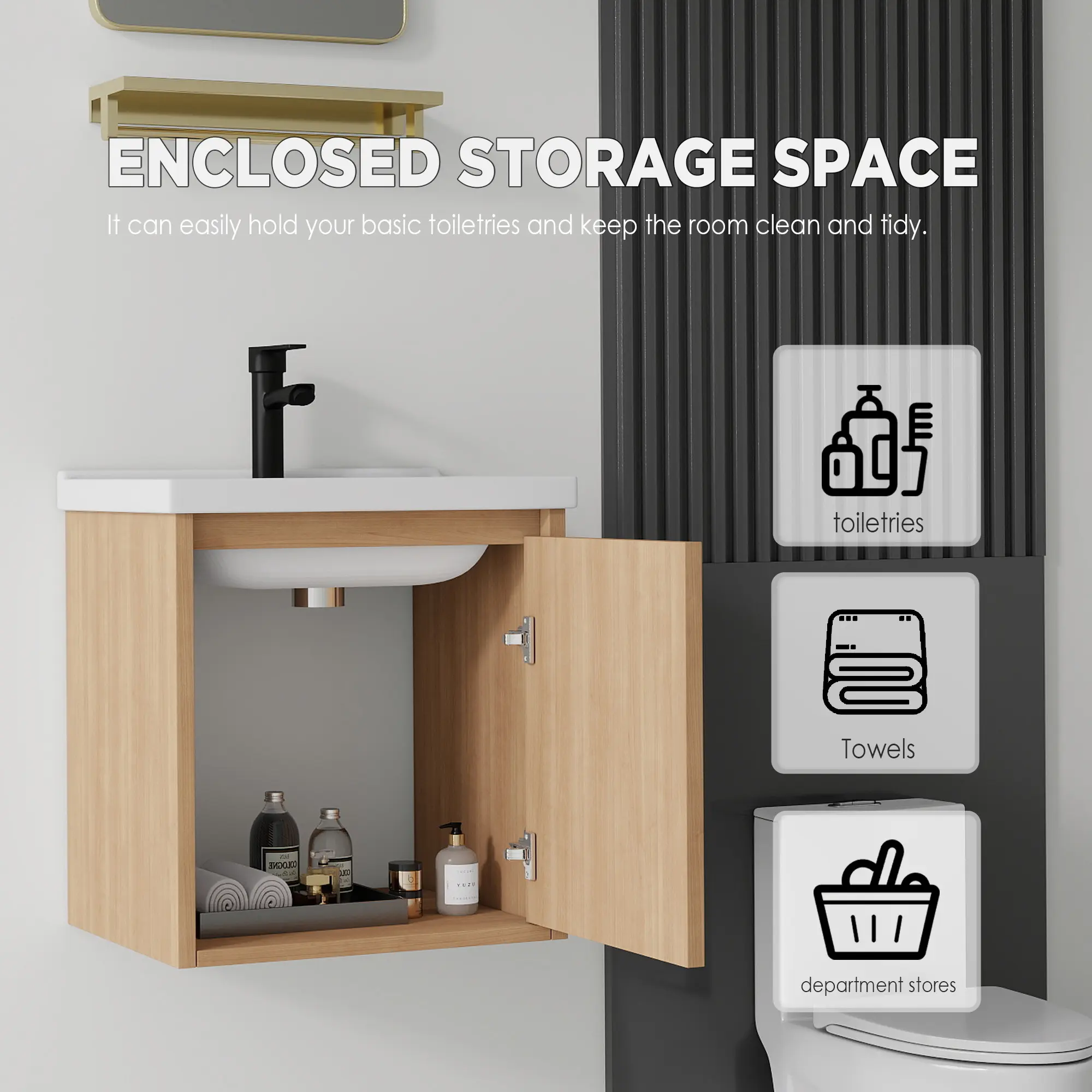 16-Inch Modern Space-Saver Floating Bathroom Vanity with Ceramic Sink, Soft-Close Door and Plywood Construction, Walnut Finish