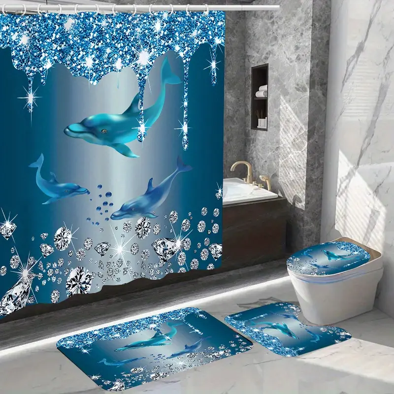 1pc/4pcs Dolphin Bath Bathroom Shower Curtain Set with 12 Hooks Toilet Seat Bath Mats and Rugs Non-slip Carpet Toilet Covers Polyester Fabric Washable Curtain for Windows Bathroom Accessories