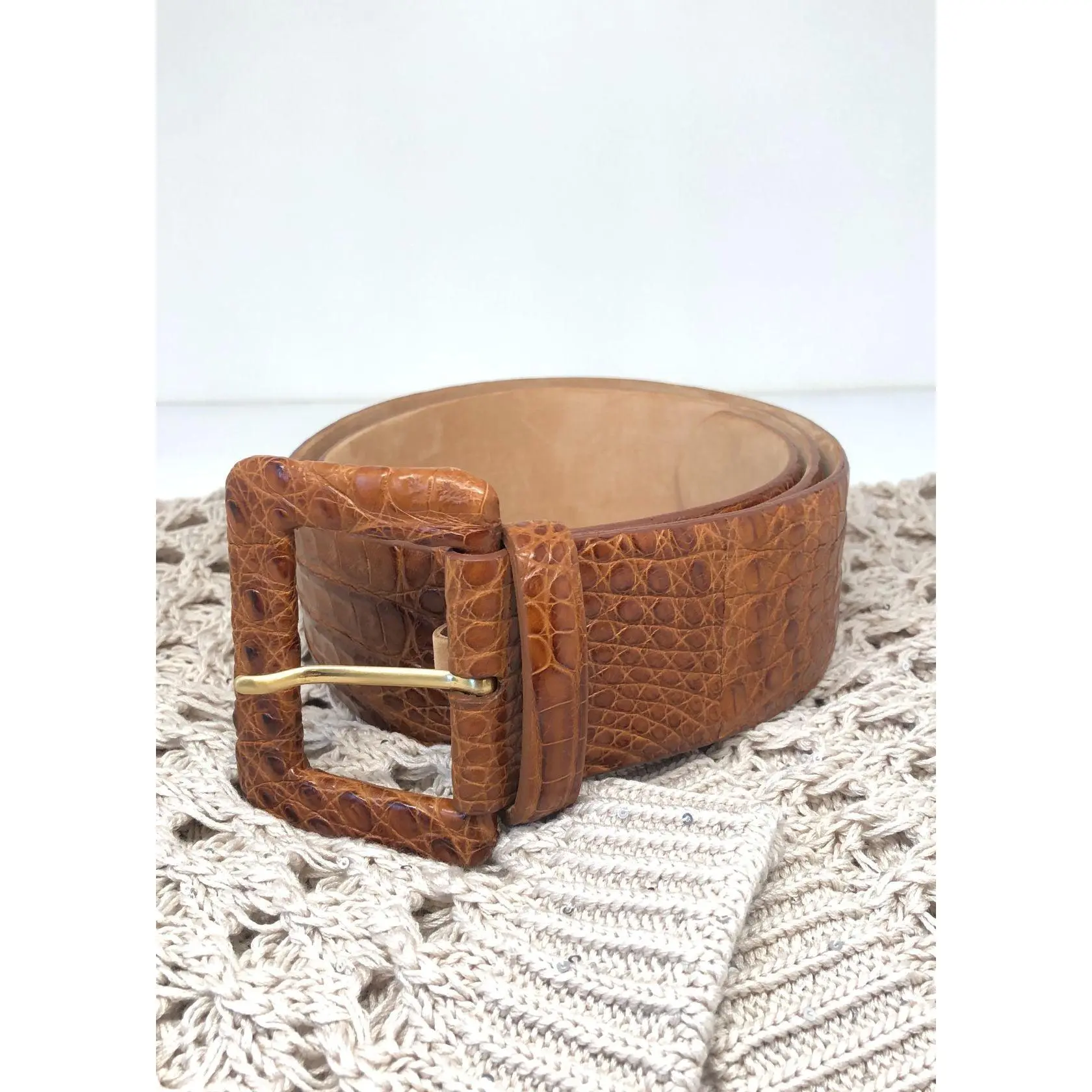 W.KLEINBERG Wide Matte Caiman Crocodile Belt with Covered Buckle - Cognac