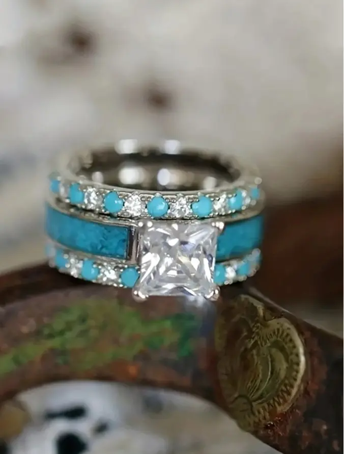 3pcs Style Simple Design Engagement Ring With Blue Stone For Women