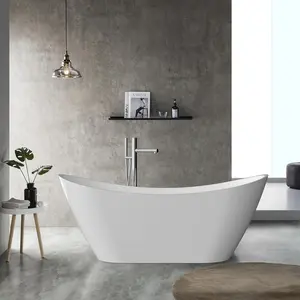 Garvee 59-Inch Acrylic Freestanding Soaking Bathtub, Modern Oval Tub with CUPC Certified Chrome Drain & Overflow, Deep Soaking & Easy Clean Design for Luxurious Home Spa Experience, White