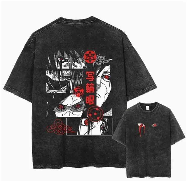 Naruto Uchiha Sharingan Clan Vintage Washed Double Sided Oversized T-Shirt Akatsuki Cloud Itachi Sasuke Madara Anime Graphic Grunge Aesthetic Harajuku Streetwear Unisex Retro Ninja Manga Fan Casual Tee Top