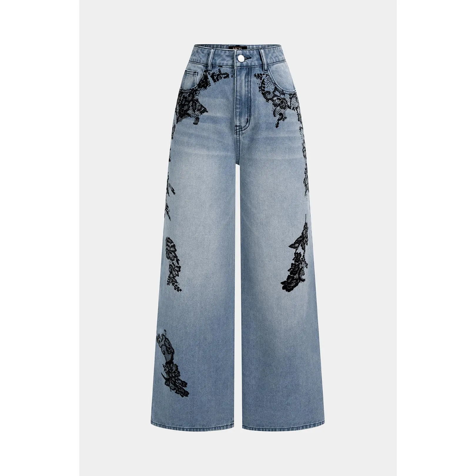 Denim Lace Print Pocket Straight Leg Jeans