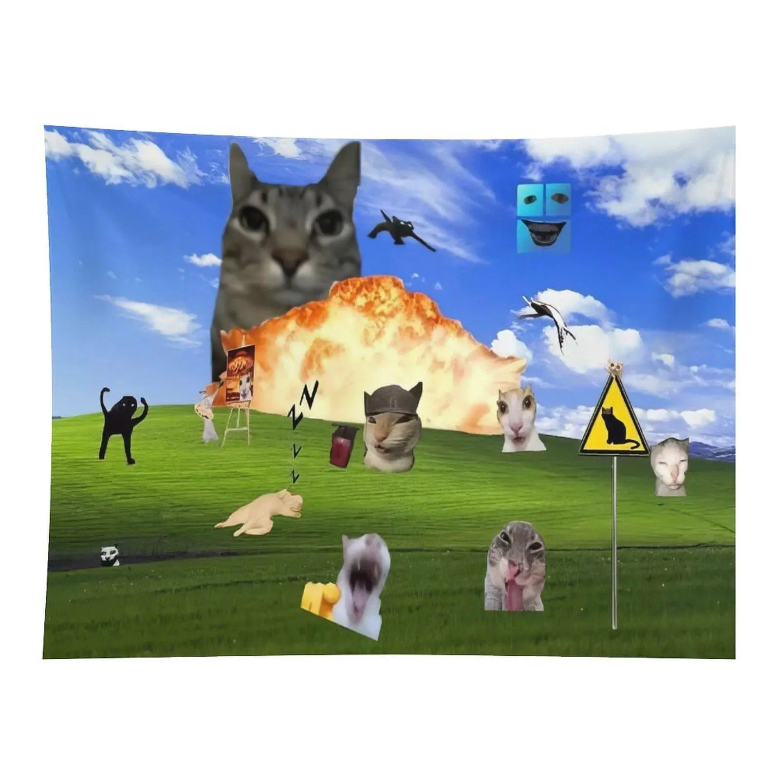 Funny Meme Cat Collage Grassland Explosion Landscape Wall Tapestry Wall Hanging, Weird Cute Kitten Internet Meme Art Decor for Playful Bedroom Dorm Party Aesthetic Backdrop