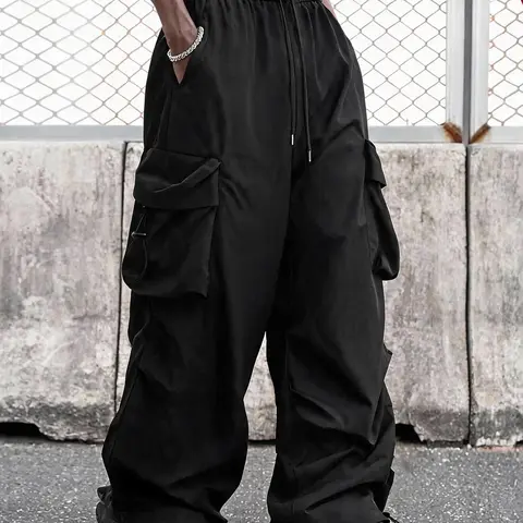 Men's Woven Casual Cargo Pants - Loose, Baggy Oversized Wide Leg, Elastic Waist, Pocket Design Pants, Plain Parachute, Techwear Vibe, Gorpcore, Fashion Streetwear for Jazz Dance | Menswear Bottoms