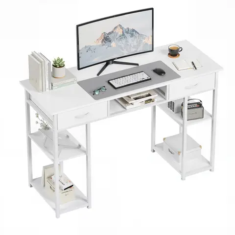 Sweetcrispy 32 In Modern White Wood-Metal Desk with Fabric Drawers, Storage, Versatile Hooks & User-Friendly Office Partition, Vanity Furniture for Small Spaces (Student Study Desk, Home Office Workstation)