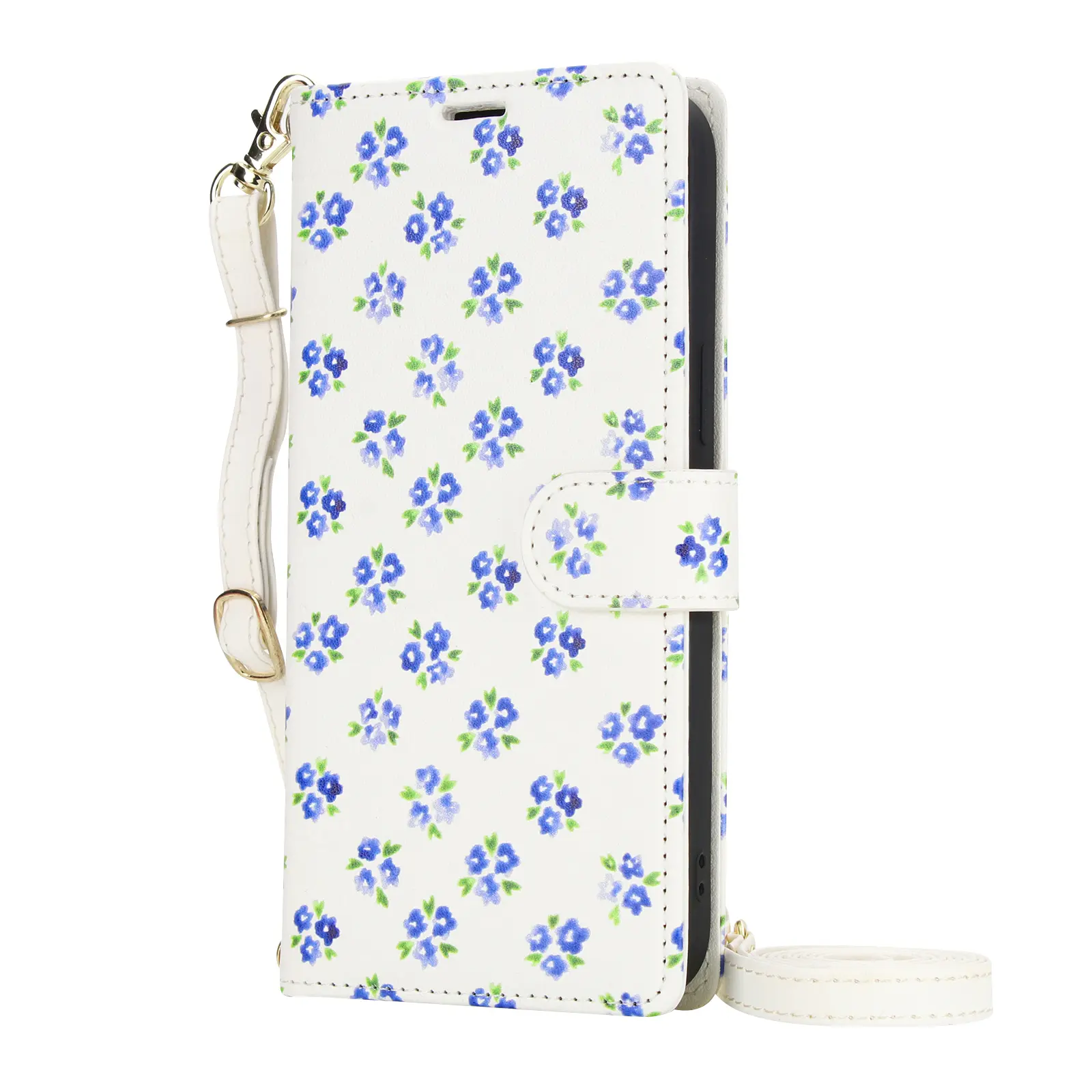 Cute Blue Floral Flip Wallet Phone Case for SAMSUNG S/A Series,Detachable Crossbody Shoulder Strap & Wrist Lanyard,Magnetic Closure Card Holder Kickstand PU Leather Purse Cover,Aesthetic Watercolor Floral Design,Red/Purple/Yellow/Blue/Brown