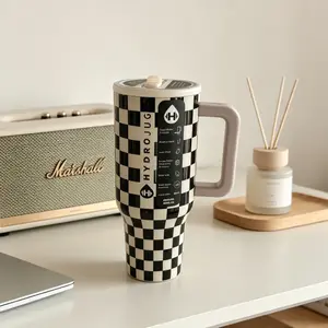 HydroJug 40oz Classic Black & White Checkered Handle Tumbler - American Retro Cool Style Drinkware Flask, Large Capacity Leak-Proof Insulated Cup for Car, Fitness Use, Flasks