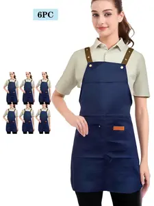 6 Piece Cute Shoulder Apron Set with Pockets, Waterproof Simple Fashion Chef Apron, Garden Work Apron, Home Kitchen Baking Coffee Shop Uniform