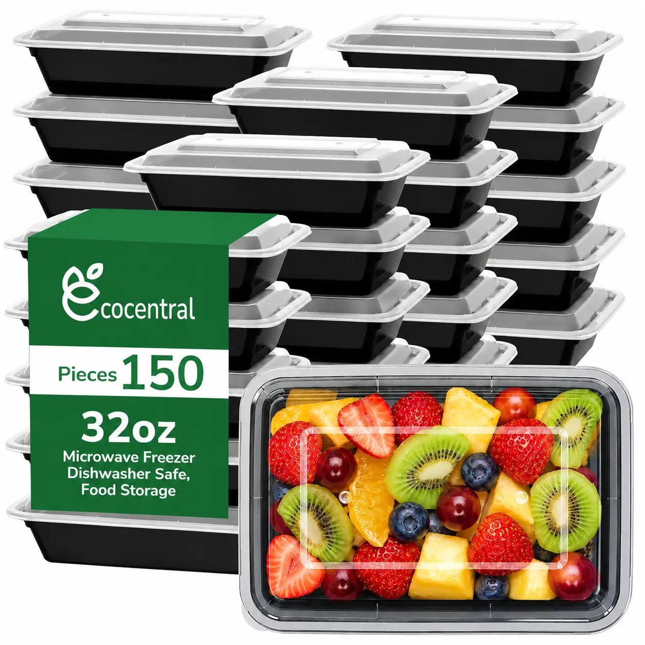 EcoCentral Meal Prep Containers Reusable, 32 oz, Black, Plastic, Leakproof, Microwave Freezer Dishwasher Safe, Food Storage Pans with Easy Open Lids