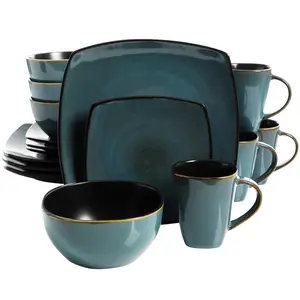 Gibson Home  16 Piece Soho Lounge Soft Square Dinnerware Set, Teal Green