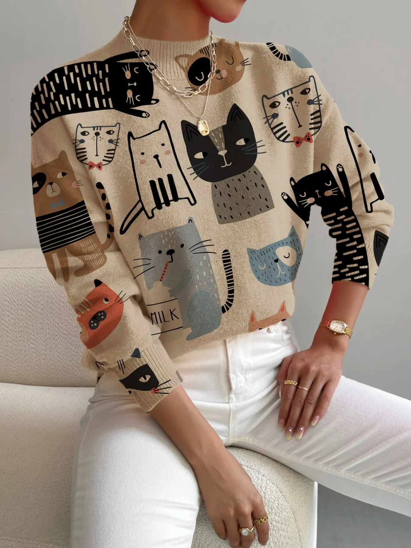 Women's Fall Winter Knitted Sweater, Stand Collar Cartoon Cat Print, Casual Elegant Commute Wear, Holiday Style