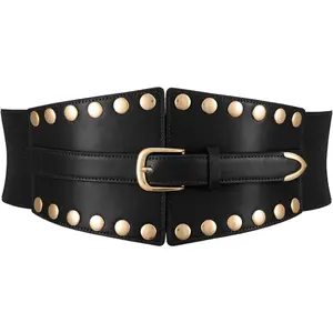 Women's Wide Corset Belts, Punk Style  Belt for Dresses Halloween Costume, Black Faux Leather with  Studs
