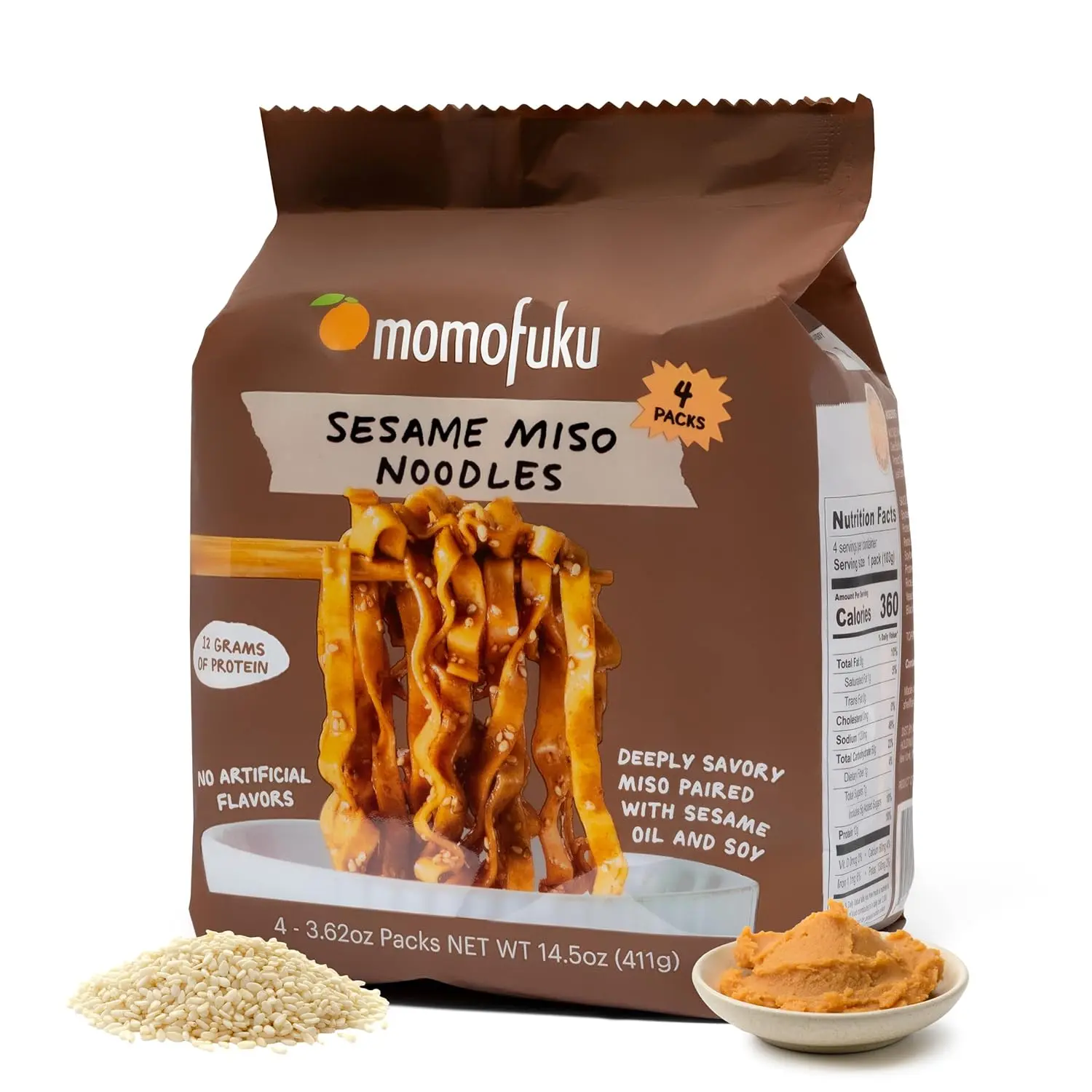 Momofuku Sesame Miso Ramen Noodles by David Chang, 4 Pack of Restaurant Quality Instant Noodles with 12g of Plant-Based Protein