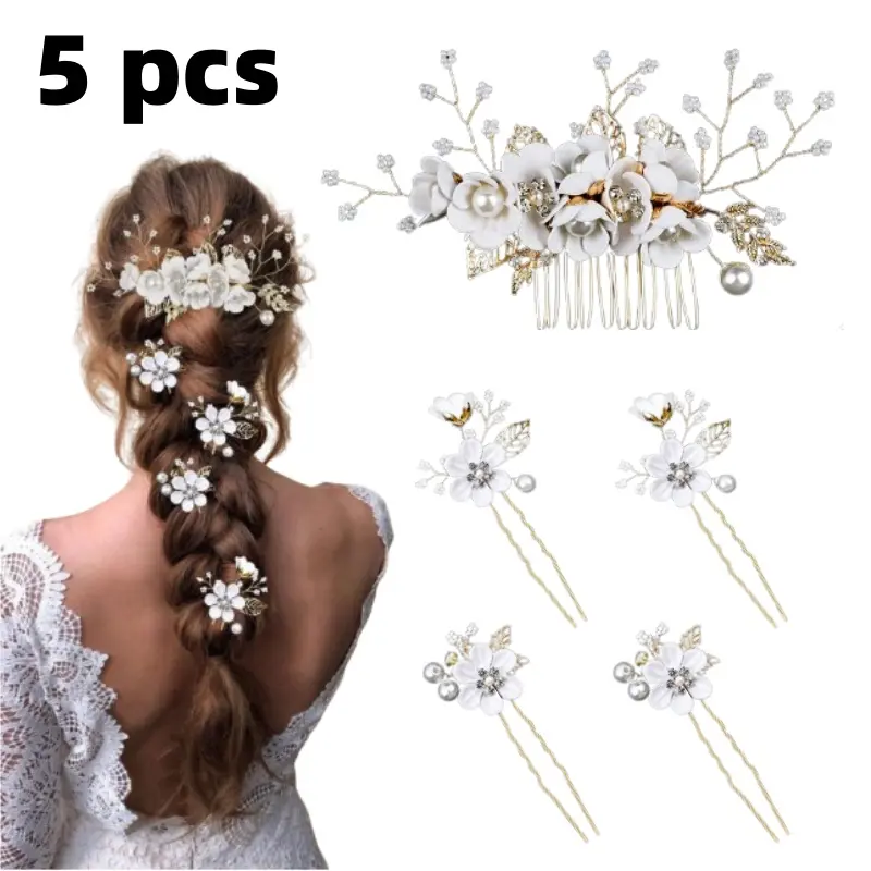 5 pieces of elegant white bridal hair accessories - crystal pearl hair comb and hairpin, suitable for bridal hairstyles, engagement styles, dances, parties