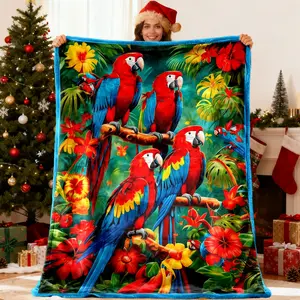 Tropical Rainforest Parrot Plush Blanket, Colorful Bird Print Flannel Throw, Tropical Macaw Print Blanket, Living Room Sofa Decorative Blanket, Soft Skin-Friendly Bedroom Rug