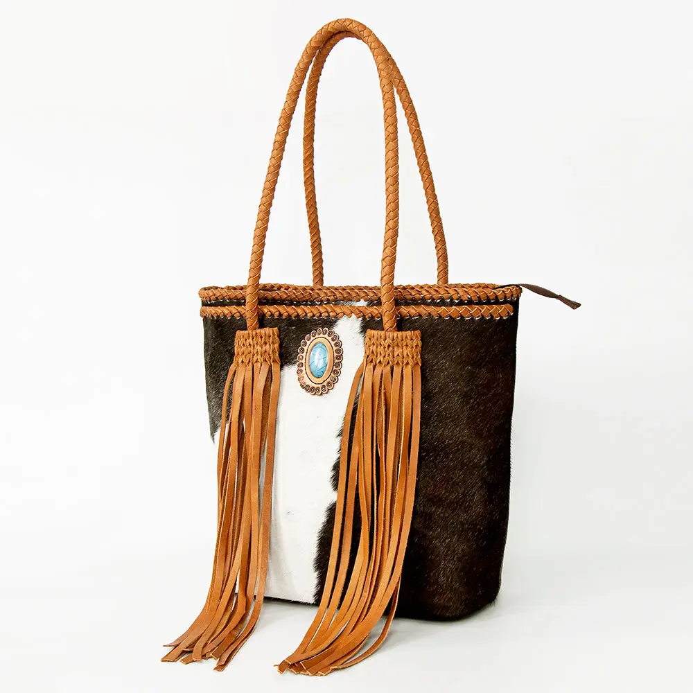 American Darling Tote Bag, Genuine Hair-On Cowhide & Leather with Turquoise Stone, Braided Handles & Fringes, Handcrafted