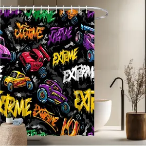 1pc Car Theme Bath Curtain-2D Flat Extreme Racing Colorful Graffiti Style Print Fun Home Shower Curtain Bathroom Decoration 70.8x70.8 inches