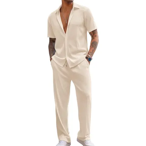 Coofandy Men's 2-Piece Outfit - Beige Button Down Shirt & Loose Fit Pants - Casual Summer Sets - Breathable & Comfortable - Perfect for Beach & Party