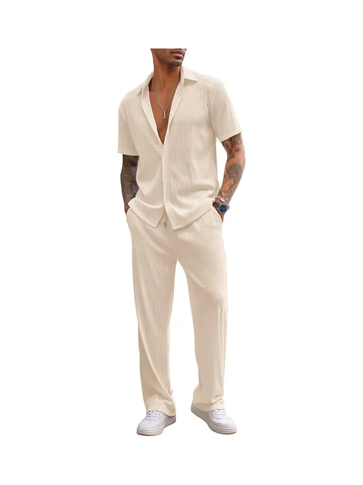 COOFANDY New York Fashion Week Men's 2 Piece Outfit Casual Short Sleeve Button Down Shirt Beach Summer Loose Pant Sets Menswear Breathable Clothes Clo
