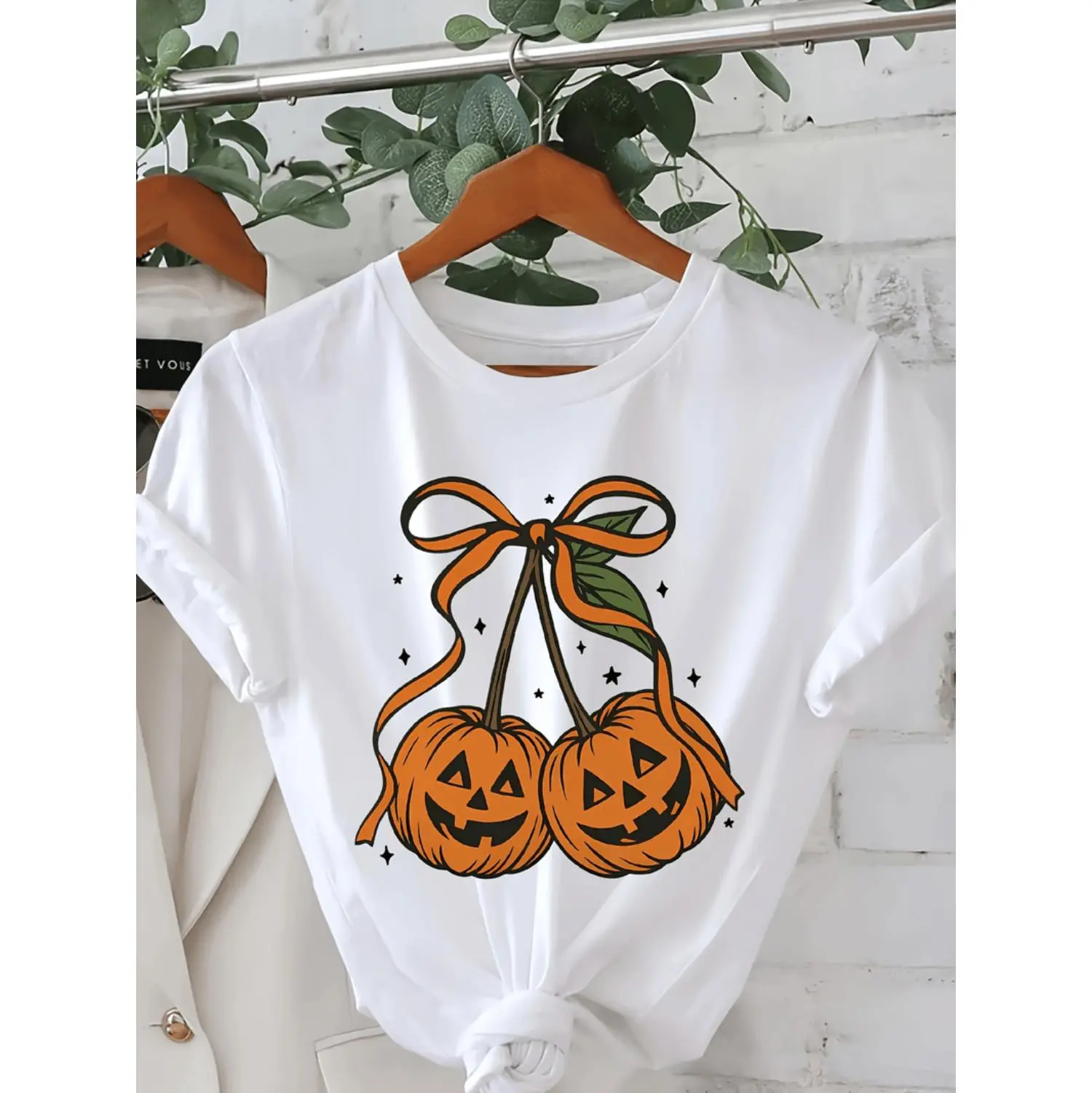 Women's Pumpkin Cherry Graphic T-Shirt - Halloween Orange Pumpkins & Ribbon Bow Tie - Lightweight Crew Neck Summer Top - Non-See Through Casual Everyday & Halloween Party Shirt - Machine Washable Women's Clothing, Halloween Clothe