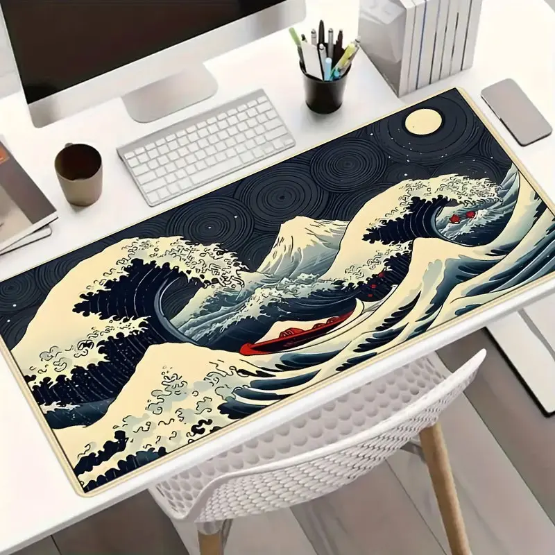 1pc Great Wave Large Gaming Mouse Pad, Hokusai Ukiyo e Extended Desk Mat,Office Desk Accessories Non-Slip Stitched Edge Computer Mat ,Rubber Base Laptop Keyboard Pad for Home Office & Gamer,Durable and Spill-Resistant, Aesthetic Office Supplies