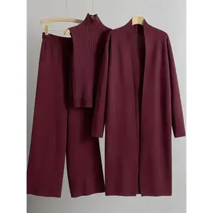 2025 newest suit high elasticity Women's loose suit, long wide-legged pants + shawl cardigan + turtleneck sweater fashion three-piece set Can be worn up to 70kg Suitable for female Can be used with raincoat