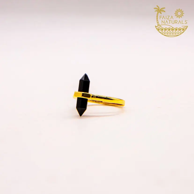 Faiza Naturals Black Obsidian Crystal Tower Ring for protection- adjustable sizing, gifting, long lasting, gold tone jewelry, protector stone, Latina accessories, protection tool, clear negative energy, real volcanic ash, December birth stone