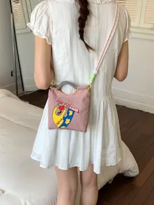 Dopamine Cartoon Embroidered Drawstring Mini Bag for Women, Korean Style Cute Crossbody Bag, Student Casual Shoulder Bag, Fun Canvas Pouch