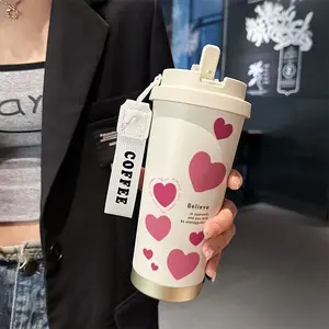 Heart Insulated Cup, 530ML Stainless Steel Thermal Vacuum Flask with Straw and Lid, Hot/cold Drinks, Office & Outdoor Use, Gift for Loved Ones