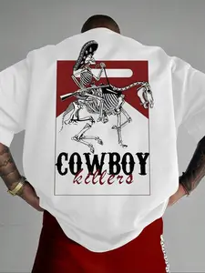 Men's Skeleton Graphic & Letter Print Round Neck Tee, Loose Casual Short Sleeve T-shirt for Daily Wear, Men's Top for All Seasons, Graphic Tees, Western Clothing, Vintage Graphic Tees,  Mens Clothing 818 👑