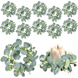 12 Pcs Candle Rings, 4 in Center Candle Wreath Rings, Small Artificial Eucalyptus Leaves Wreath for Wedding Home Door Tabletop Decoration, Green