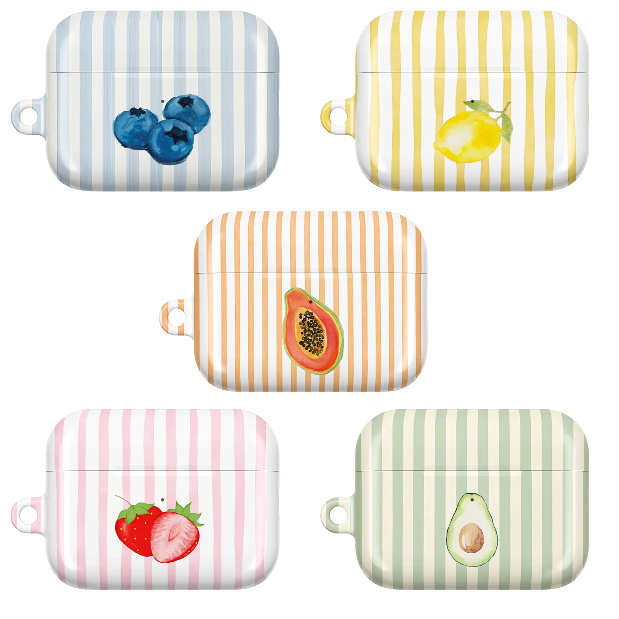 Fruit Stripe AirPods Case – Cute Blueberry, Lemon, Papaya, Strawberry & Avocado Cover with Pastel Stripes for Apple AirPods Pro/Pro 2/Pro 3 & AirPods 1/2/3/4 | Colorful Kawaii Fruit Aesthetic Earbud Case, Fun Gift for Her Him