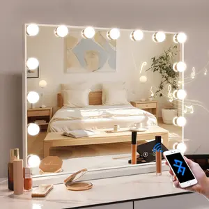 Illuminated Hollywood Makeup Mirror with Bluetooth Speaker and Microphone. Features 15 dimmable LED bulbs, a USB charging port, and 3 lighting modes.