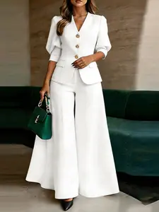 ZANZEA Women's Casual Suits, Solid Color Top Coat, Three-Quarter Sleeve Bag Cover with Buttons, Long Pants, Waistband Design, Ideal for Daily Wear