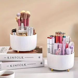 A 360 degree rotating cosmetics storage box - cosmetics storage box, display box with 5 compartments - multifunctional brush, lipstick, skin care and stationery storage box - durable and odorless luxury stripe design desktop storage box Organiser.