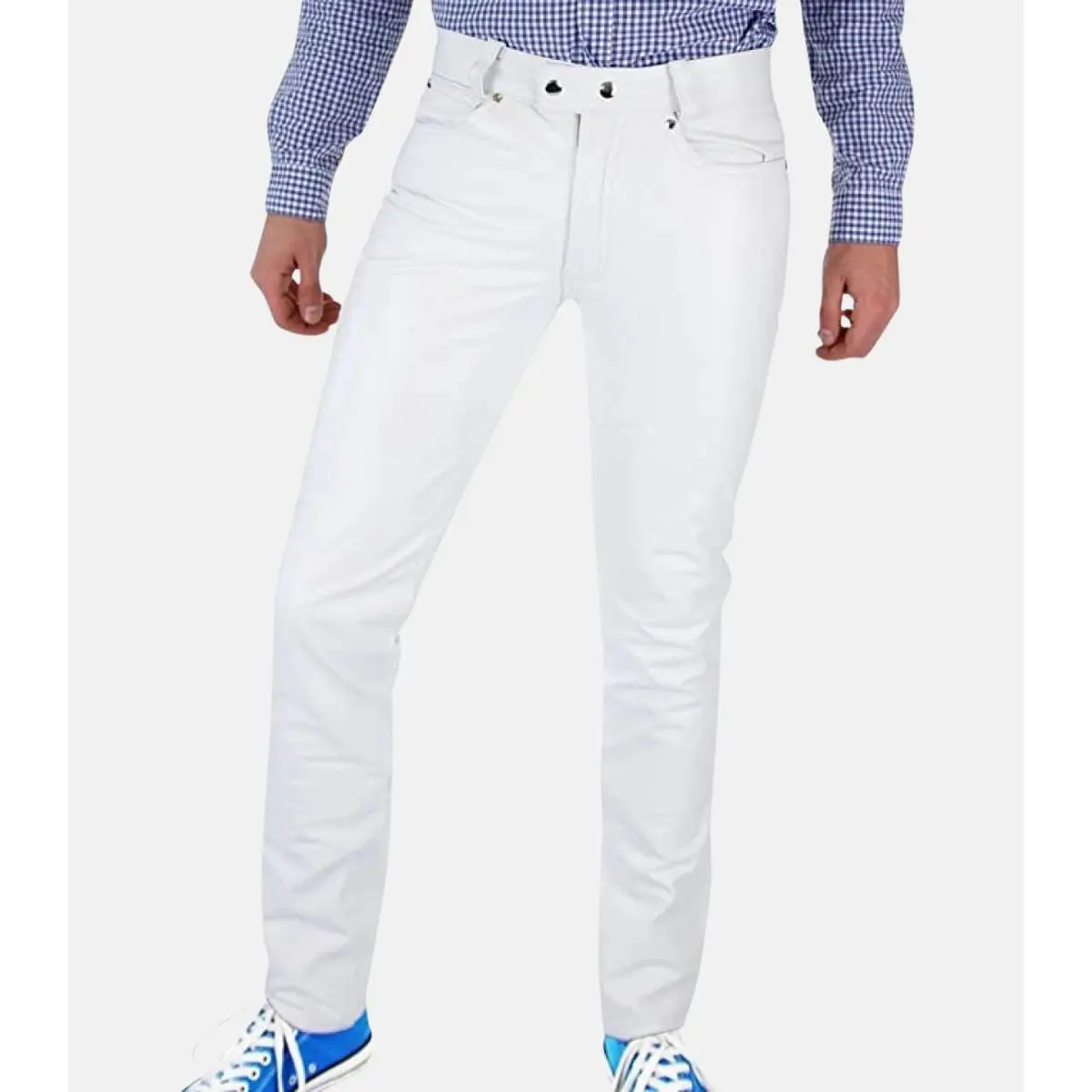 Men's White Leather Jeans Pants with Tight Tube Style