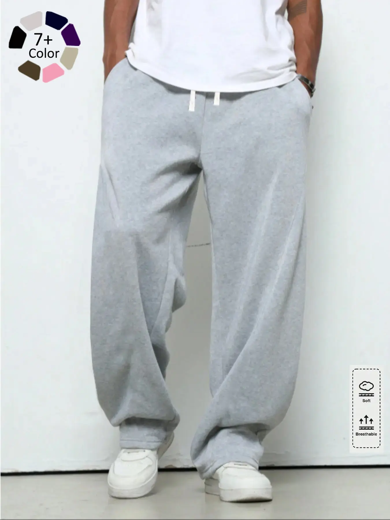 Men's Solid Color Drawstring Waist Pocket Wide Leg Baggy Activewear Pants - Casual Athletic Trousers for Athleisure Menswear, Sport-to-Casual Gray Sweatpants