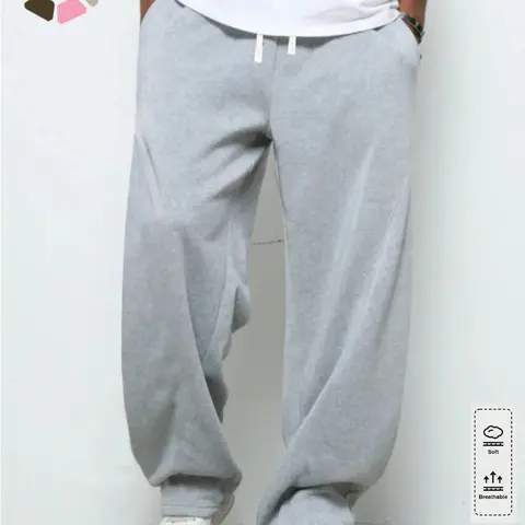 Men's Solid Color Drawstring Waist Pocket Wide Leg Baggy Activewear Pants - Casual Athletic Trousers for Athleisure Menswear, Sport-to-Casual Gray Sweatpants