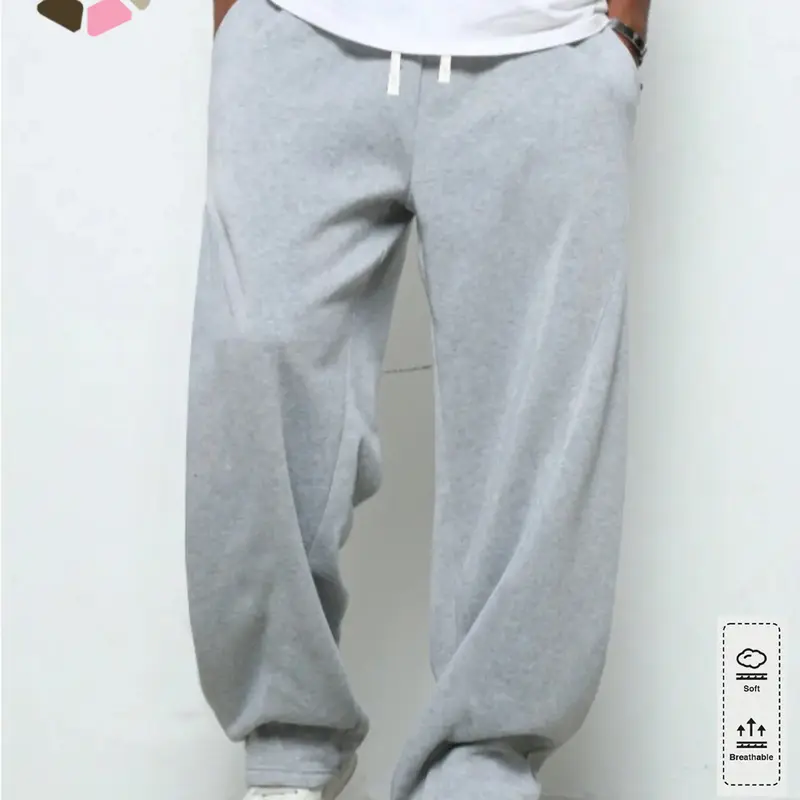 Men's Solid Color Drawstring Waist Pocket Wide Leg Baggy Activewear Pants - Casual Athletic Trousers for Athleisure Menswear, Sport-to-Casual Gray Sweatpants