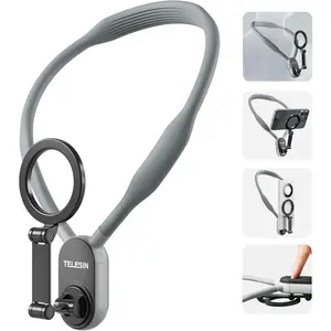 Magnetic Neck Mount for Phones, Neck Cell Phone Holder Pov/Vlog Selfie Mount Hand Free Phone Neck Holder Chest Stand Strap Video Recording for Iphone 16 15 14 13 12 Seires Android Phones Gray TELESIN°