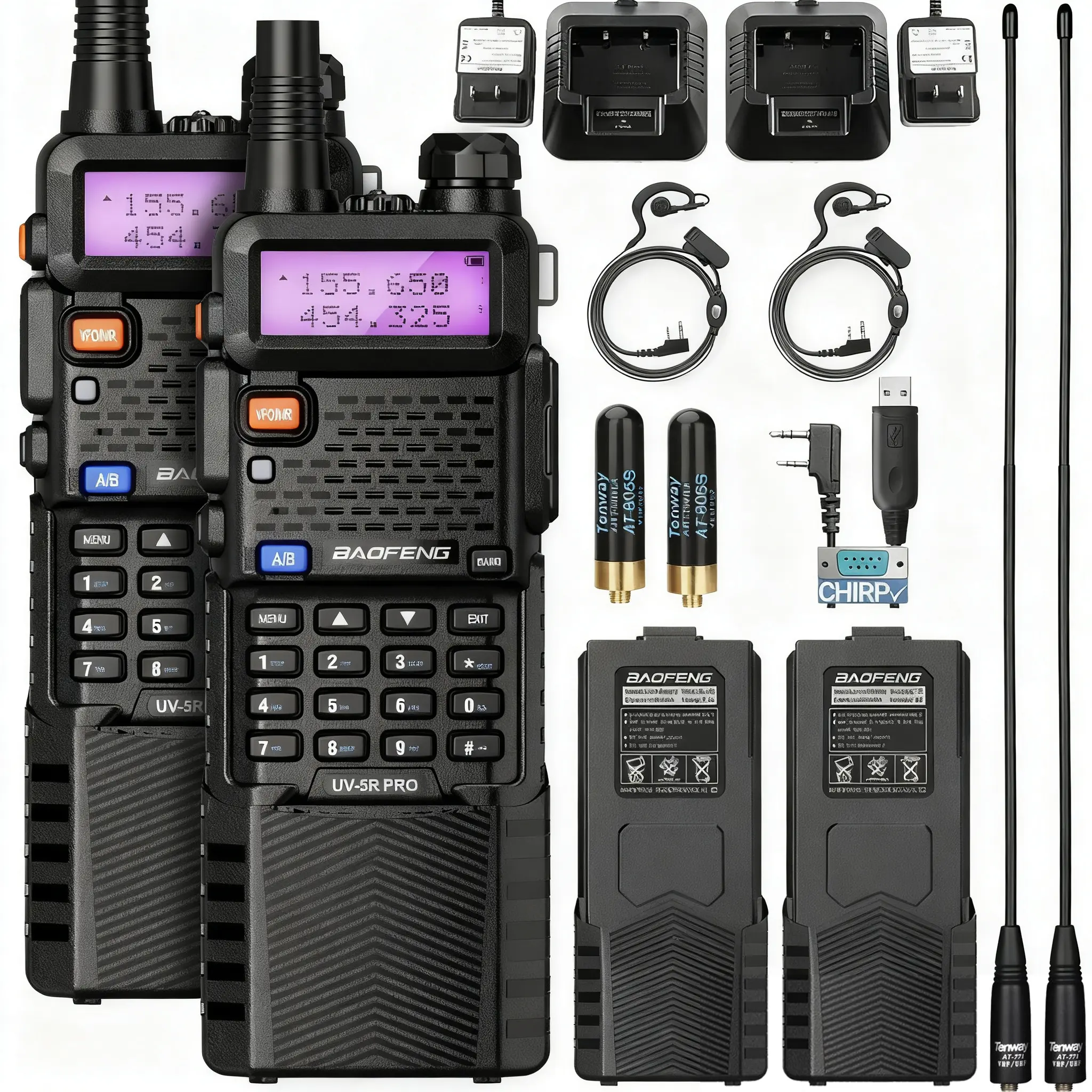 Baofeng UV-5R Pro 8W Handheld Ham Radio Walkie Talkies Kit (2-PCS) - 128-Channel Long-Range 2-Way Wireless Radio Kit, 3800mAh Rechargeable Battery, VHF/UHF Band, Included Earpiece