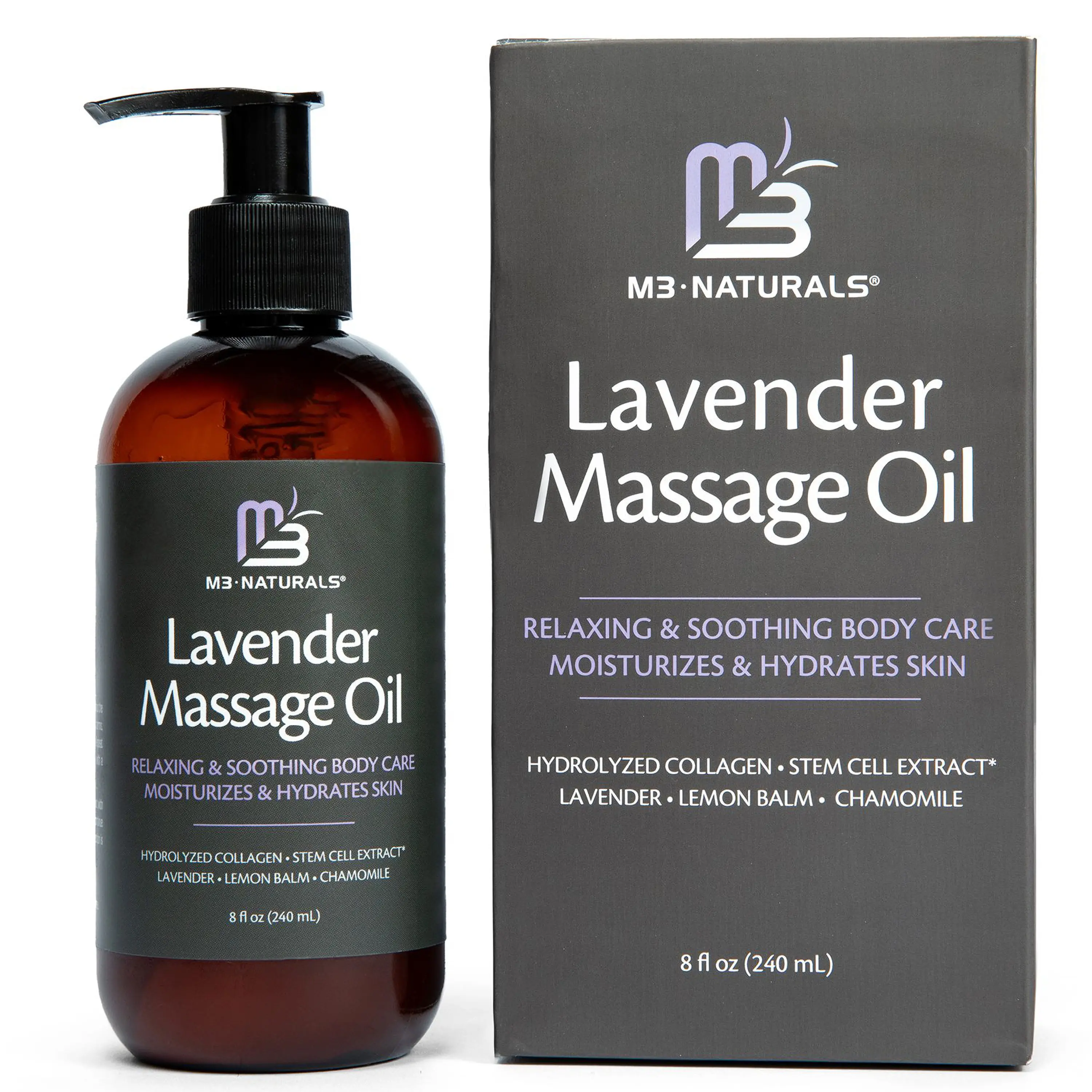 M3 Naturals Lavender Sensual Cosmetic Body Massage Oil - Hydrolyzed Collagen, Stem Cells, Hydrating Oil, Skin Tightening, Fast-Absorbing, Relaxing Body Care for Bum, Thighs, Belly, 8 fl oz, Natural Ingredients