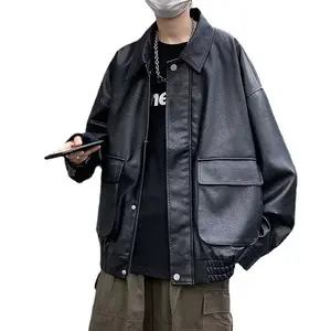 Street Style Leather Jacket for Men, Autumn Trendy Cool Motorcycle Jacket, Loose Fit Men's Leather Coat