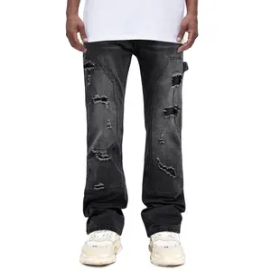 Men's Stacked Flared Jeans Ripped Stretch Wide Leg Denim Pants Hip Hop Streetwear Carpenter Jeans